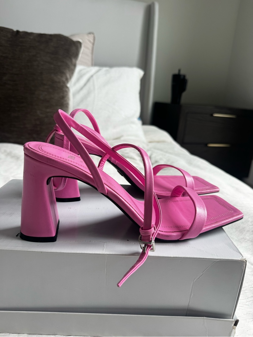 Zara Pink Strappy Square-Toe Block Heel Sandals